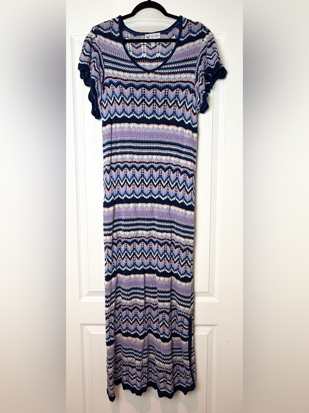 Jessica Simpson Striped Knit Maxi Dress in Navy, Pink & White